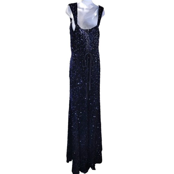 NWT Dark Navy Blue Sequin Evening Classic Sleeveless Corset Back Thigh Slit - Picture 3 of 15